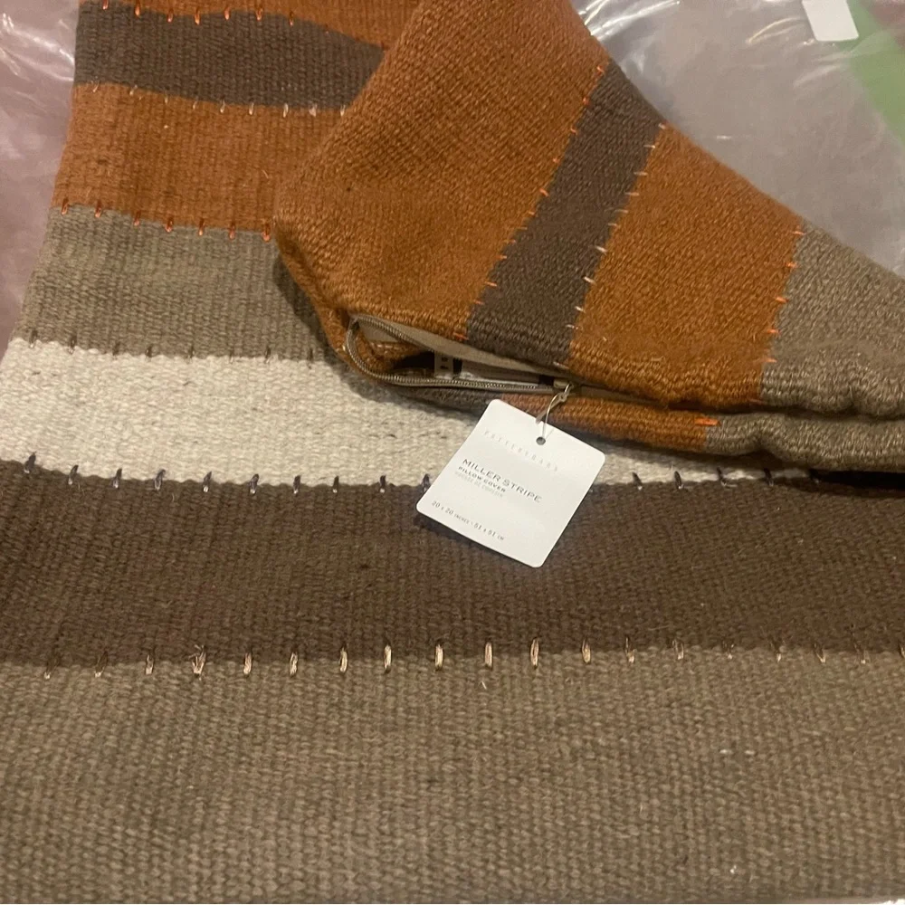 New Pottery Barn Miller Striped Handwoven Wool Pillow Cover, Warm Colors, 20” - Picture 2 of 16